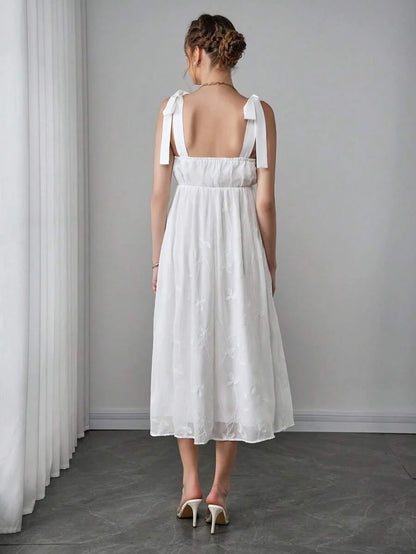 Maternity Embroidered Cami A-Line Midi Dress - Strap, Sleeveless, High Waist, Slim Fit, White
