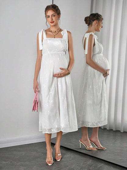 Maternity Embroidered Cami A-Line Midi Dress - Strap, Sleeveless, High Waist, Slim Fit, White