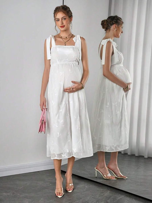Maternity Embroidered Cami A-Line Midi Dress - Strap, Sleeveless, High Waist, Slim Fit, White