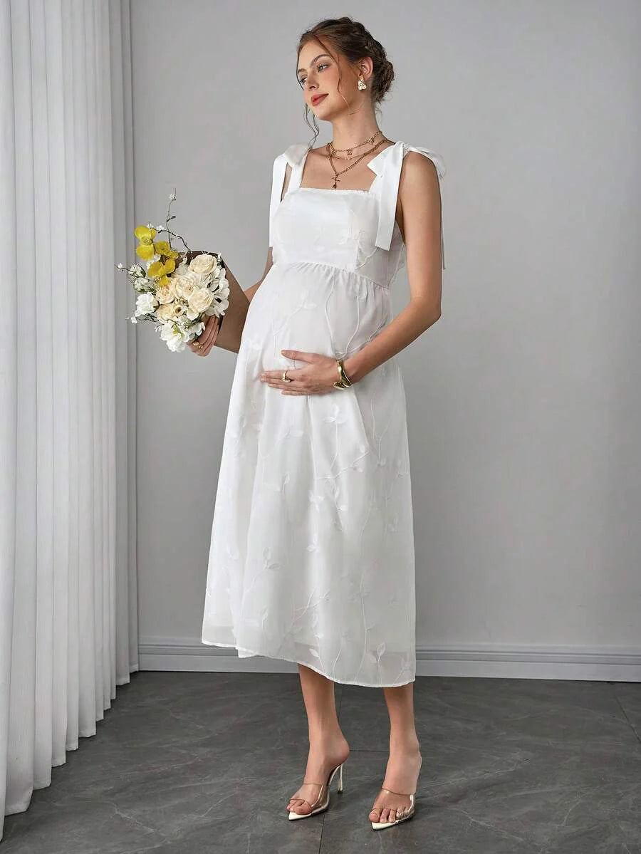 Maternity Embroidered Cami A-Line Midi Dress - Strap, Sleeveless, High Waist, Slim Fit, White