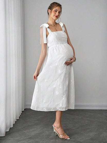 Maternity Embroidered Cami A-Line Midi Dress - Strap, Sleeveless, High Waist, Slim Fit, White