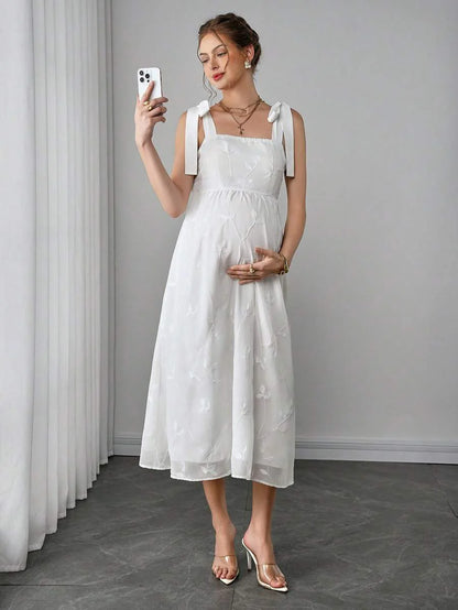 Maternity Embroidered Cami A-Line Midi Dress - Strap, Sleeveless, High Waist, Slim Fit, White
