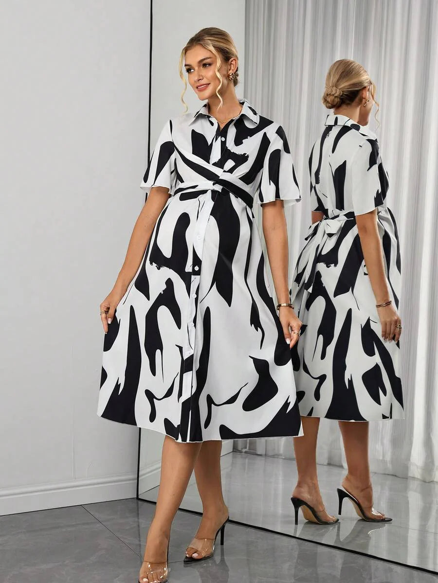 Maternity Floral Shirt Dress - Collar, Batwing Short Sleeve, Cinched Waist, Midi, Black and White