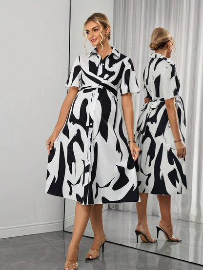 Maternity Floral Shirt Dress - Collar, Batwing Short Sleeve, Cinched Waist, Midi, Black and White