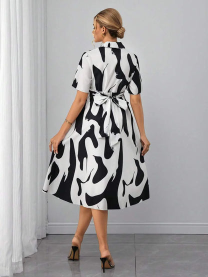 Maternity Floral Shirt Dress - Collar, Batwing Short Sleeve, Cinched Waist, Midi, Black and White