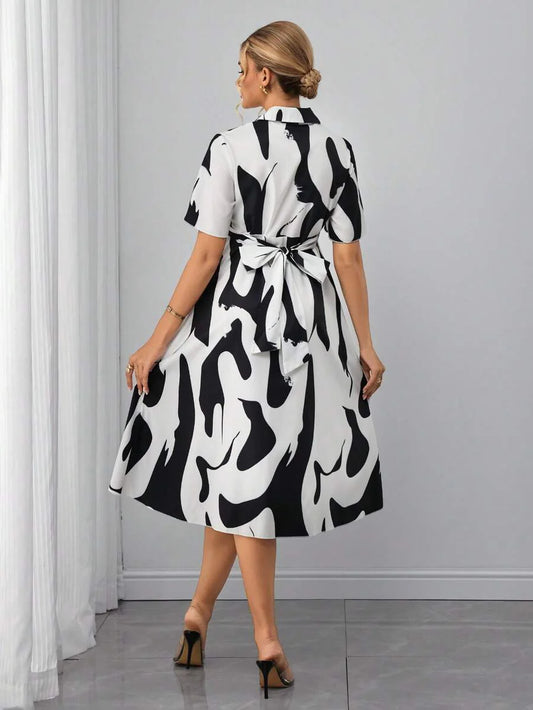 Maternity Floral Shirt Dress - Collar, Batwing Short Sleeve, Cinched Waist, Midi, Black and White