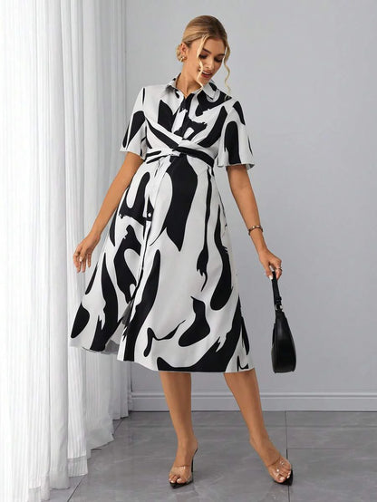 Maternity Floral Shirt Dress - Collar, Batwing Short Sleeve, Cinched Waist, Midi, Black and White