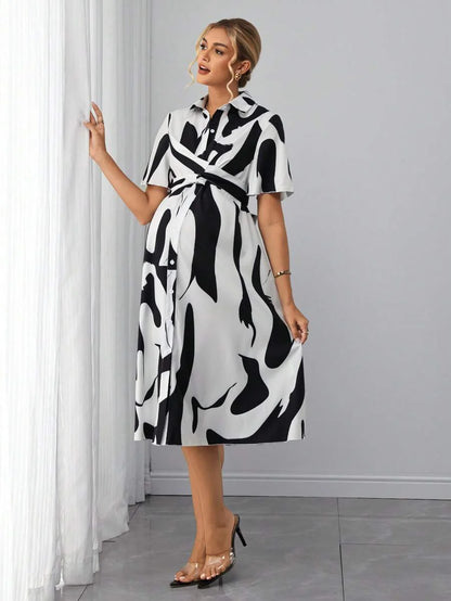Maternity Floral Shirt Dress - Collar, Batwing Short Sleeve, Cinched Waist, Midi, Black and White