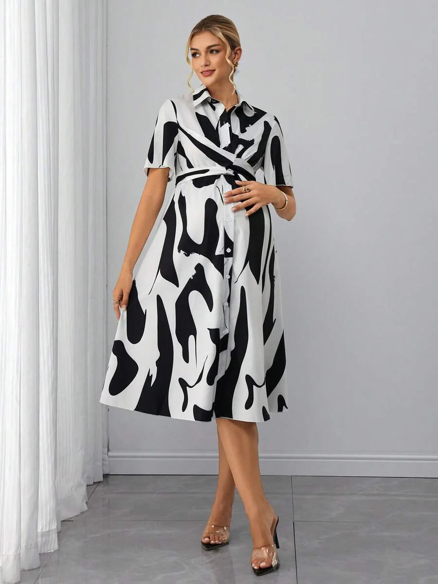 Maternity Floral Shirt Dress - Collar, Batwing Short Sleeve, Cinched Waist, Midi, Black and White