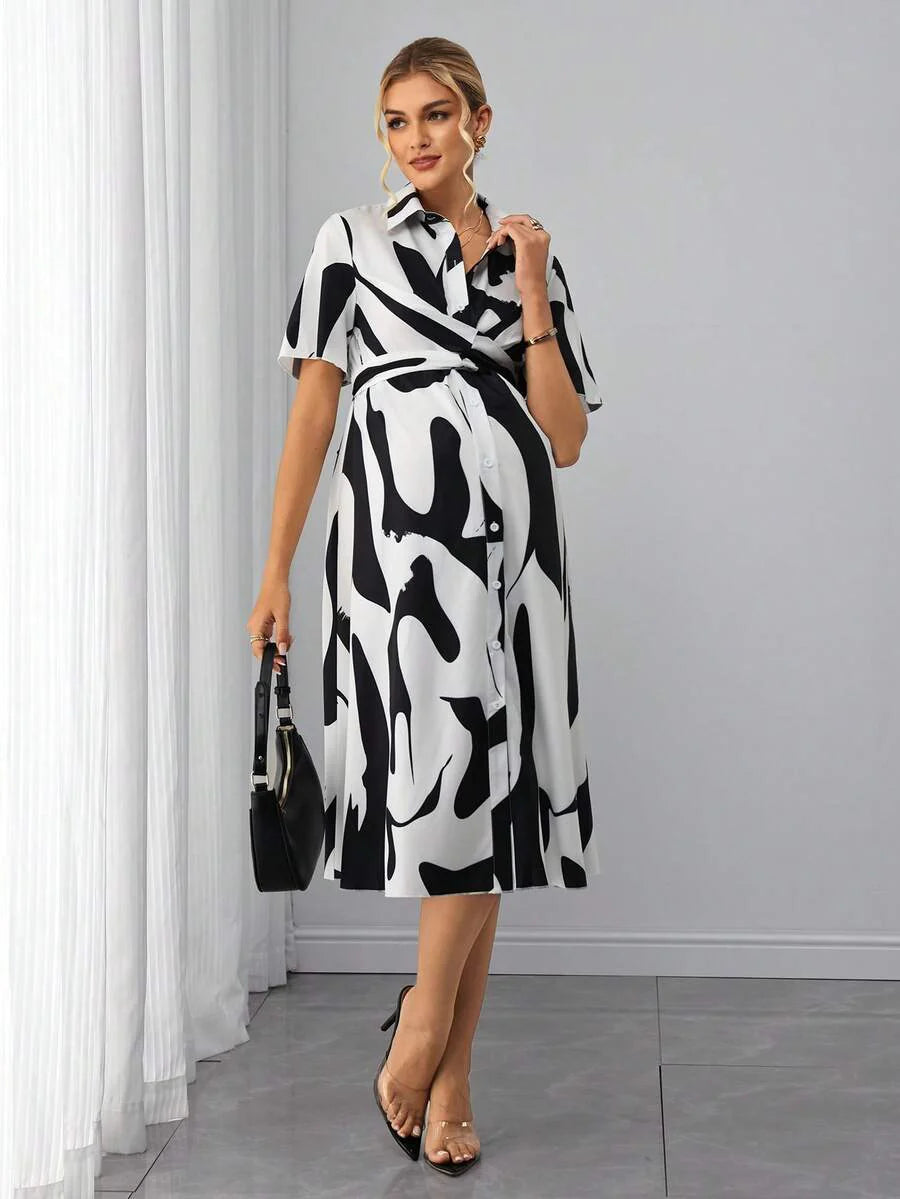 Maternity Floral Shirt Dress - Collar, Batwing Short Sleeve, Cinched Waist, Midi, Black and White