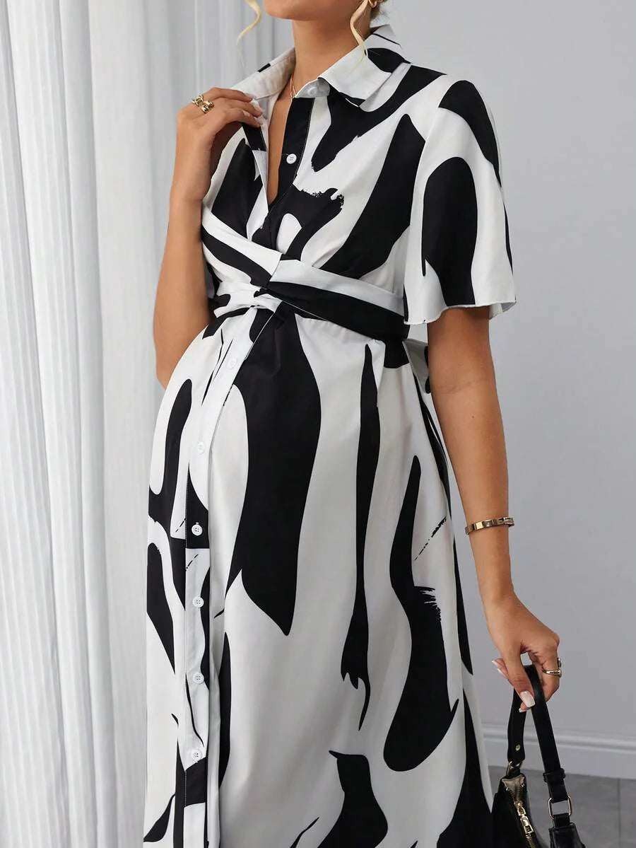 Maternity Floral Shirt Dress - Collar, Batwing Short Sleeve, Cinched Waist, Midi, Black and White