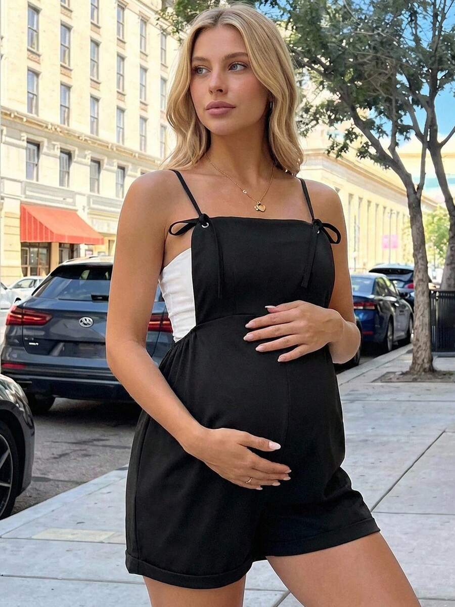 Black Maternity Spaghetti Strap Casual Romper High Waist Loose Fit Sleeveless Short Jumpsuit for Daily Commute and Summer Vacation
