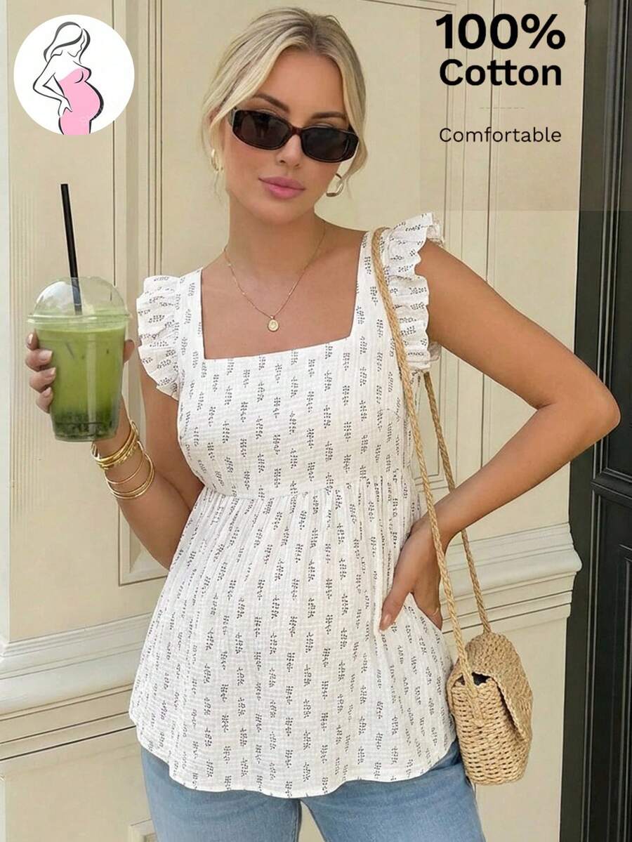 White Floral Print Maternity Peplum Top - Boho Sleeveless Straps Ruffle Hem Shirt - 100% Cotton Longline Summer Beach Top