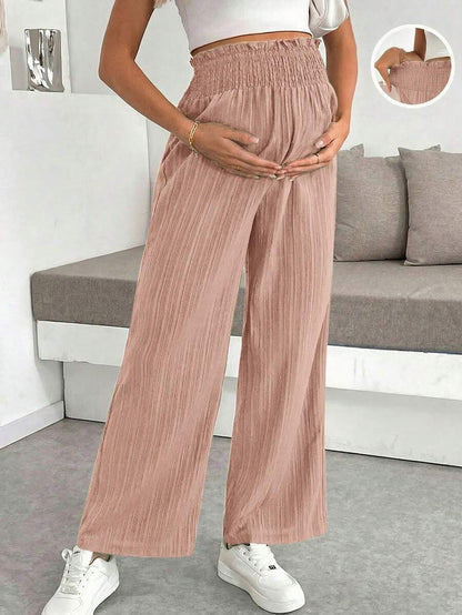 Maternity Wide Leg Pants - Shirred Waist, Loose Fit, Ultra High Waist, Apricot