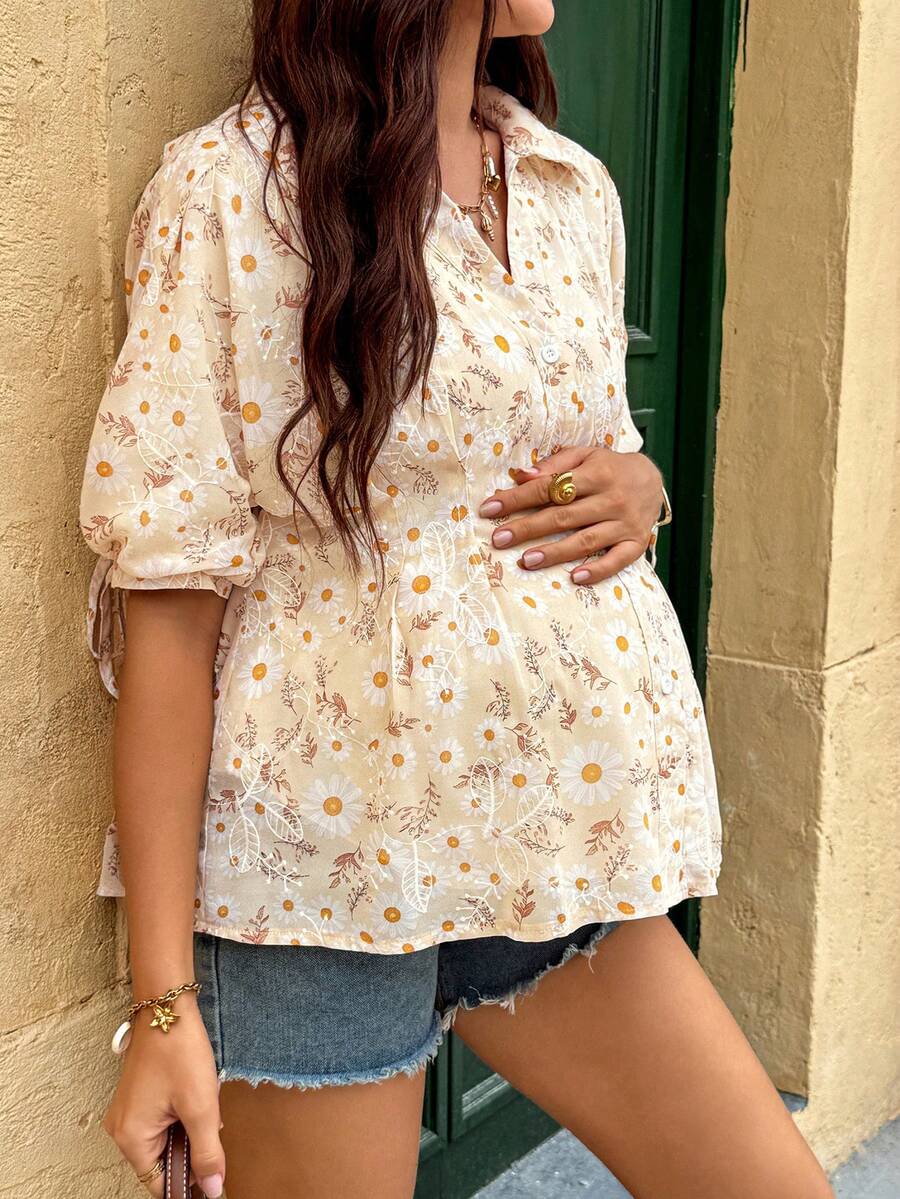 Maternity Blue Puff Half Sleeve Floral Print Collar Neck Regular Fit Casual Blouse Top for Office and Daily Wear