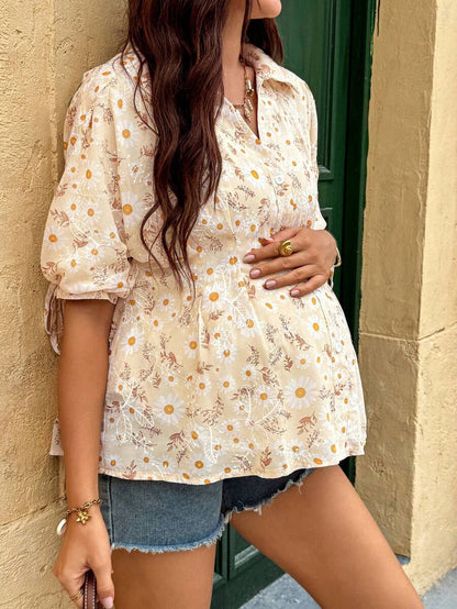 Maternity Blue Puff Half Sleeve Floral Print Collar Neck Regular Fit Casual Blouse Top for Office and Daily Wear