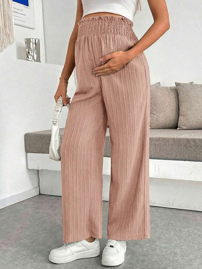 Maternity Wide Leg Pants - Shirred Waist, Loose Fit, Ultra High Waist, Apricot