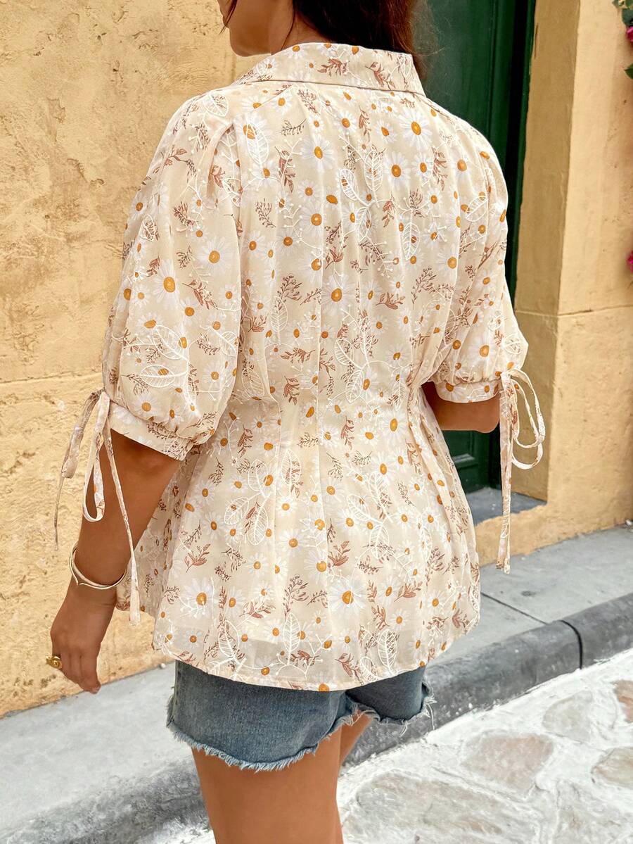 Maternity Blue Puff Half Sleeve Floral Print Collar Neck Regular Fit Casual Blouse Top for Office and Daily Wear