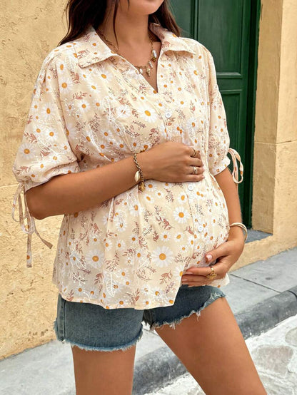 Maternity Blue Puff Half Sleeve Floral Print Collar Neck Regular Fit Casual Blouse Top for Office and Daily Wear