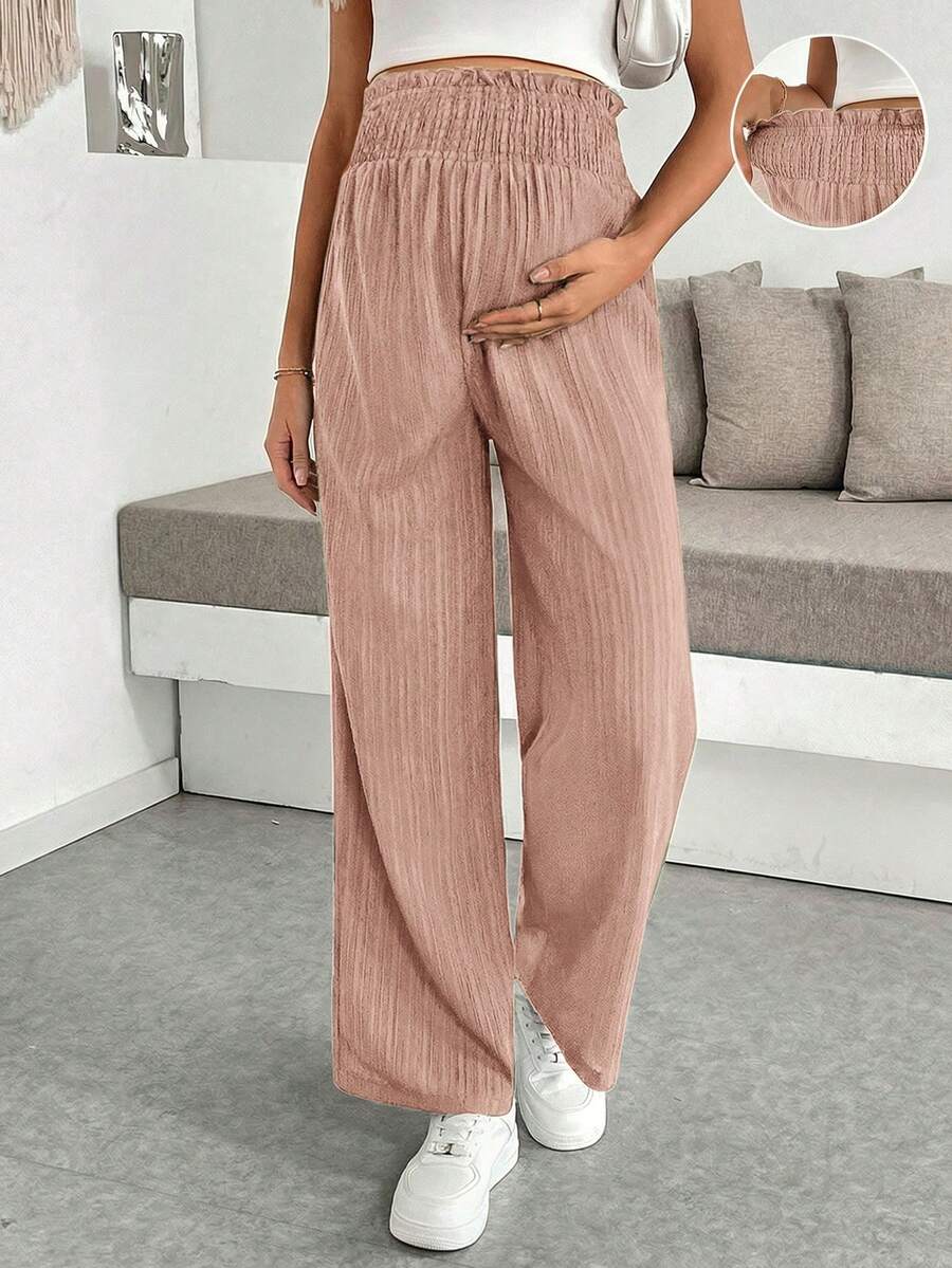 Maternity Wide Leg Pants - Shirred Waist, Loose Fit, Ultra High Waist, Apricot