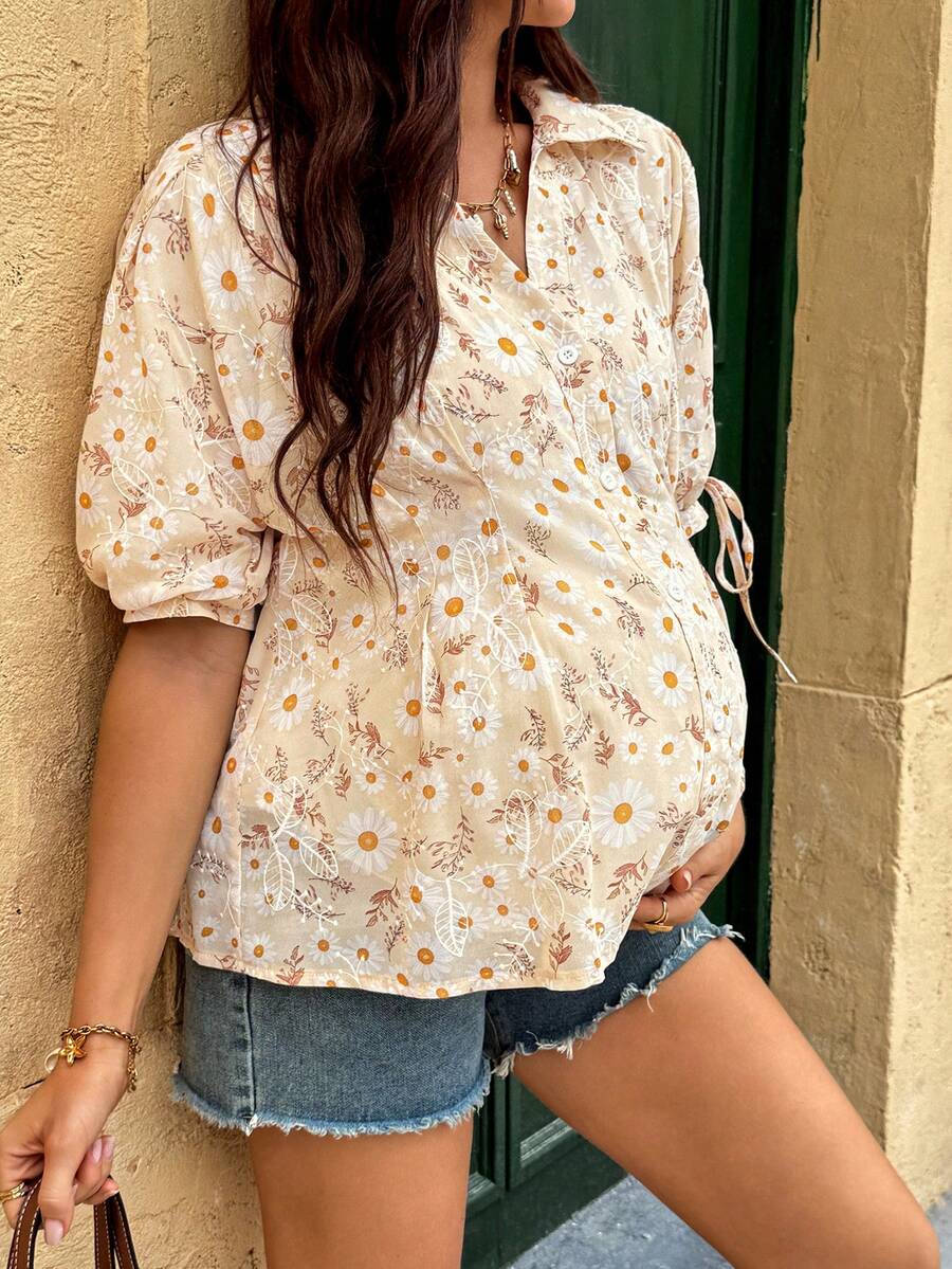 Maternity Blue Puff Half Sleeve Floral Print Collar Neck Regular Fit Casual Blouse Top for Office and Daily Wear