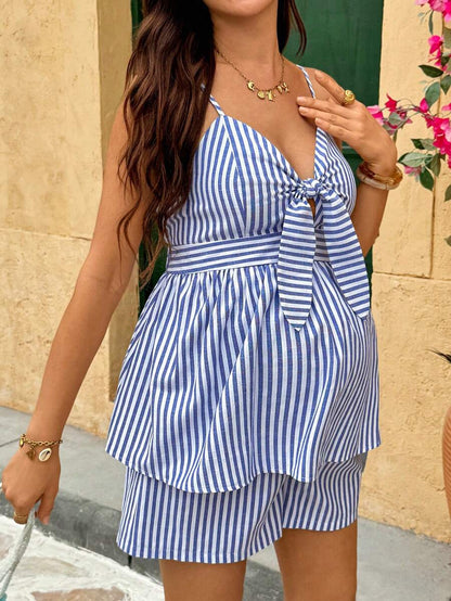 2-Piece Maternity Vacation Set - Blue Striped Tie Front Camisole and Adjustable Waist Mini Shorts - Slim Fit Cotton Blend