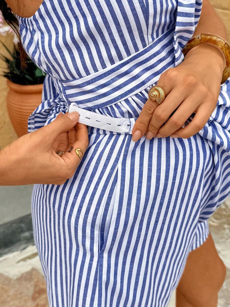 2-Piece Maternity Vacation Set - Blue Striped Tie Front Camisole and Adjustable Waist Mini Shorts - Slim Fit Cotton Blend
