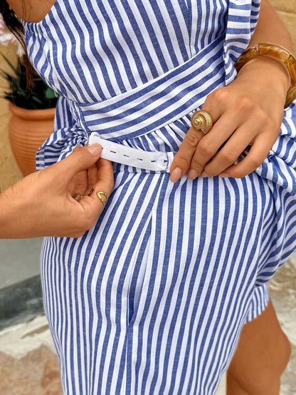 2-Piece Maternity Vacation Set - Blue Striped Tie Front Camisole and Adjustable Waist Mini Shorts - Slim Fit Cotton Blend