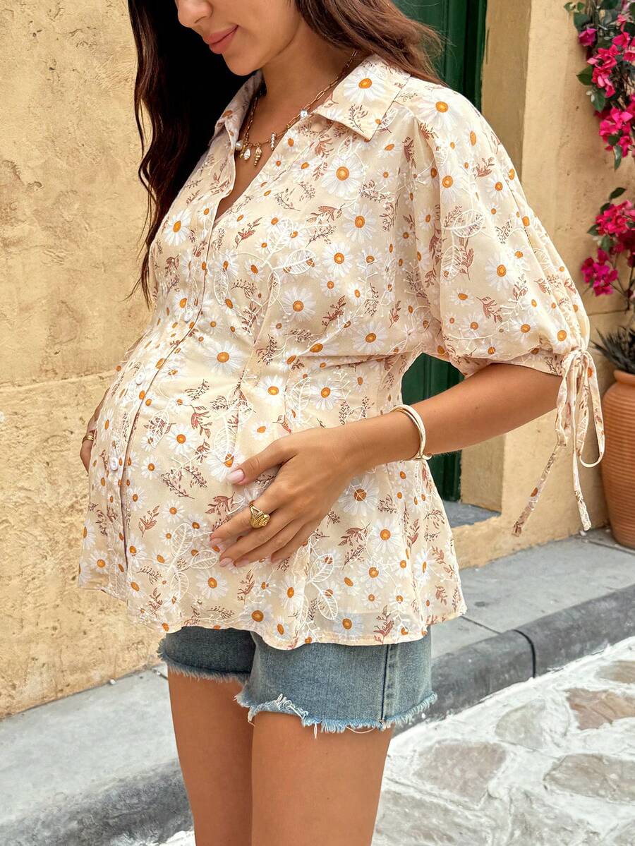 Maternity Blue Puff Half Sleeve Floral Print Collar Neck Regular Fit Casual Blouse Top for Office and Daily Wear