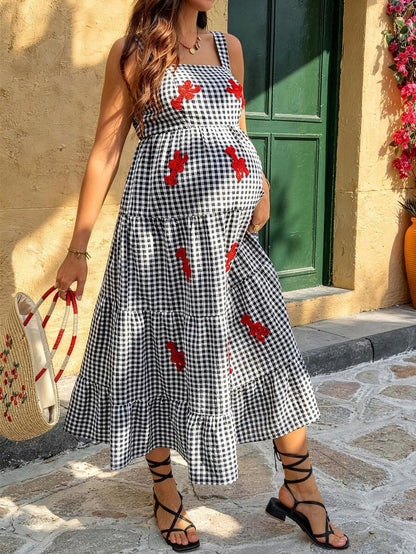 Maternity Plaid Midi Cami Dress with Lobster Embroidery – Boho Cold Shoulder High Waist Beach Dress in Multicolor Woven Fabric