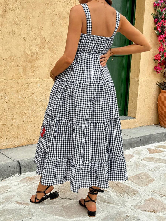 Maternity Plaid Midi Cami Dress with Lobster Embroidery – Boho Cold Shoulder High Waist Beach Dress in Multicolor Woven Fabric