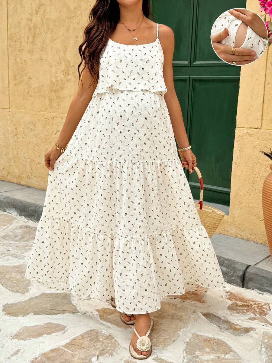 Multicolor Floral Maternity & Nursing Maxi Dress – Tiered Ruffle Hem Spaghetti Strap Boho A-Line Beach Vacation Dress with Puff Sleeve Detail