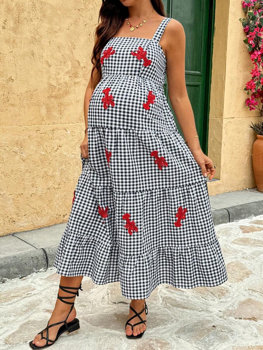 Maternity Plaid Midi Cami Dress with Lobster Embroidery – Boho Cold Shoulder High Waist Beach Dress in Multicolor Woven Fabric