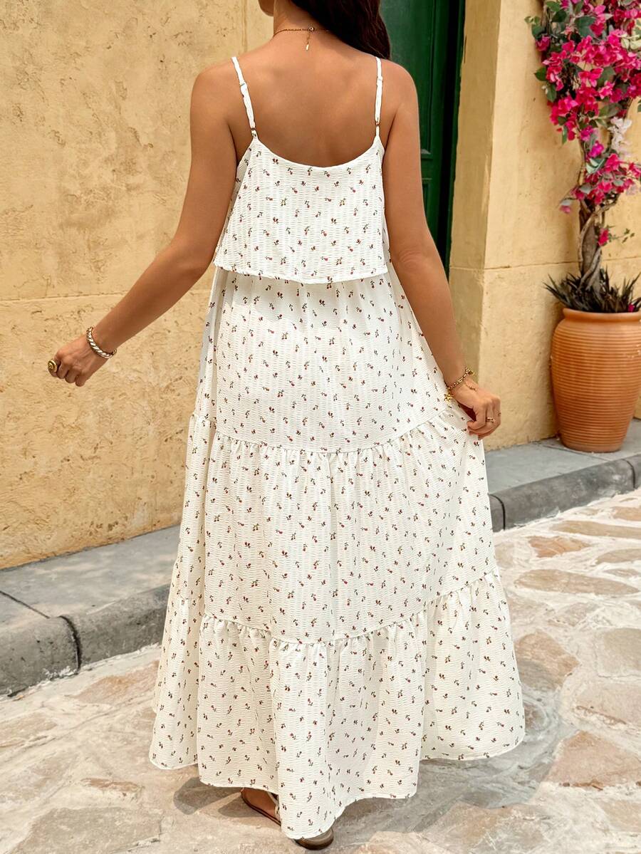 Multicolor Floral Maternity & Nursing Maxi Dress – Tiered Ruffle Hem Spaghetti Strap Boho A-Line Beach Vacation Dress with Puff Sleeve Detail