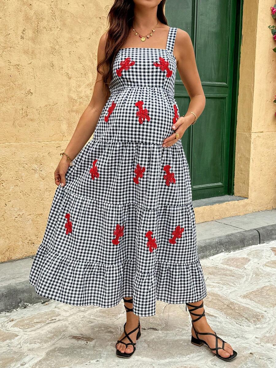 Maternity Plaid Midi Cami Dress with Lobster Embroidery – Boho Cold Shoulder High Waist Beach Dress in Multicolor Woven Fabric