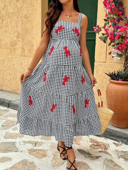 Maternity Plaid Midi Cami Dress with Lobster Embroidery – Boho Cold Shoulder High Waist Beach Dress in Multicolor Woven Fabric
