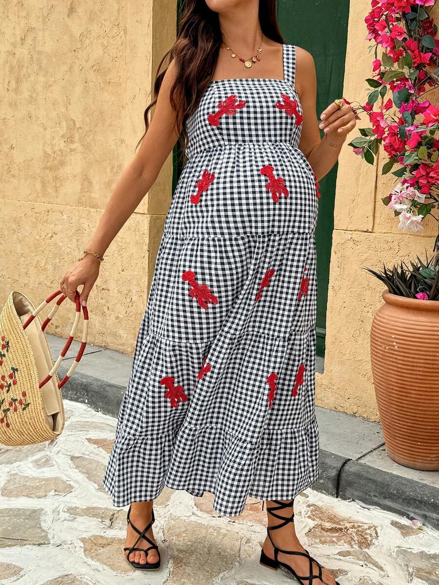Maternity Plaid Midi Cami Dress with Lobster Embroidery – Boho Cold Shoulder High Waist Beach Dress in Multicolor Woven Fabric