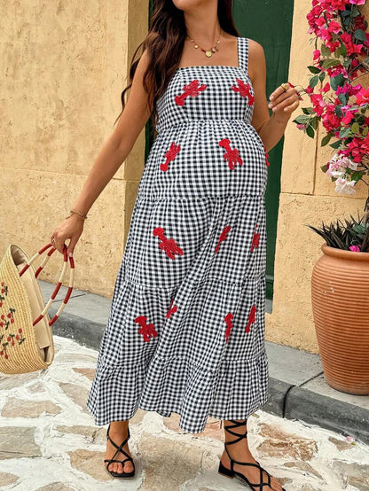 Maternity Plaid Midi Cami Dress with Lobster Embroidery – Boho Cold Shoulder High Waist Beach Dress in Multicolor Woven Fabric