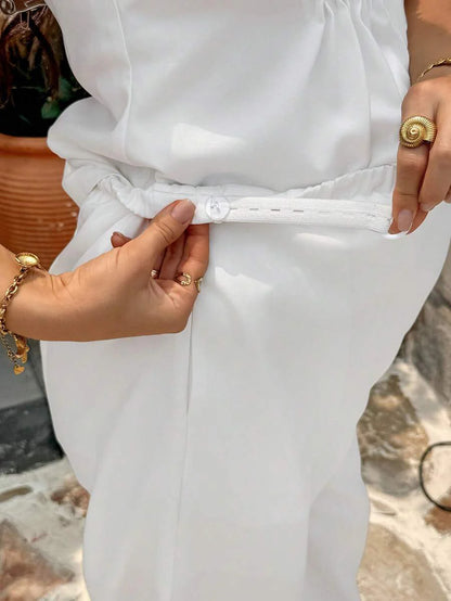 White Solid Bandeau & Adjustable Waist Loose Pants 2-Piece Maternity Set - Slim Fit Strapless Summer Vacation Lounge Set