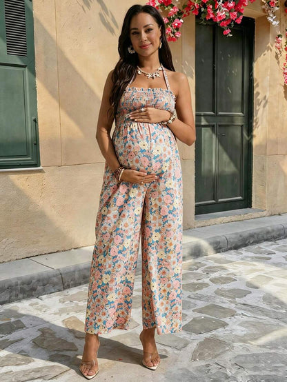 Maternity Ditsy Floral Jumpsuit - Boho Cold Shoulder Square Neck Summer Co-Ord - High Waist Long Beach Maternity Occasion Outfit