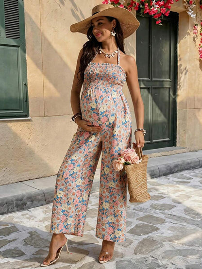 Maternity Ditsy Floral Jumpsuit - Boho Cold Shoulder Square Neck Summer Co-Ord - High Waist Long Beach Maternity Occasion Outfit