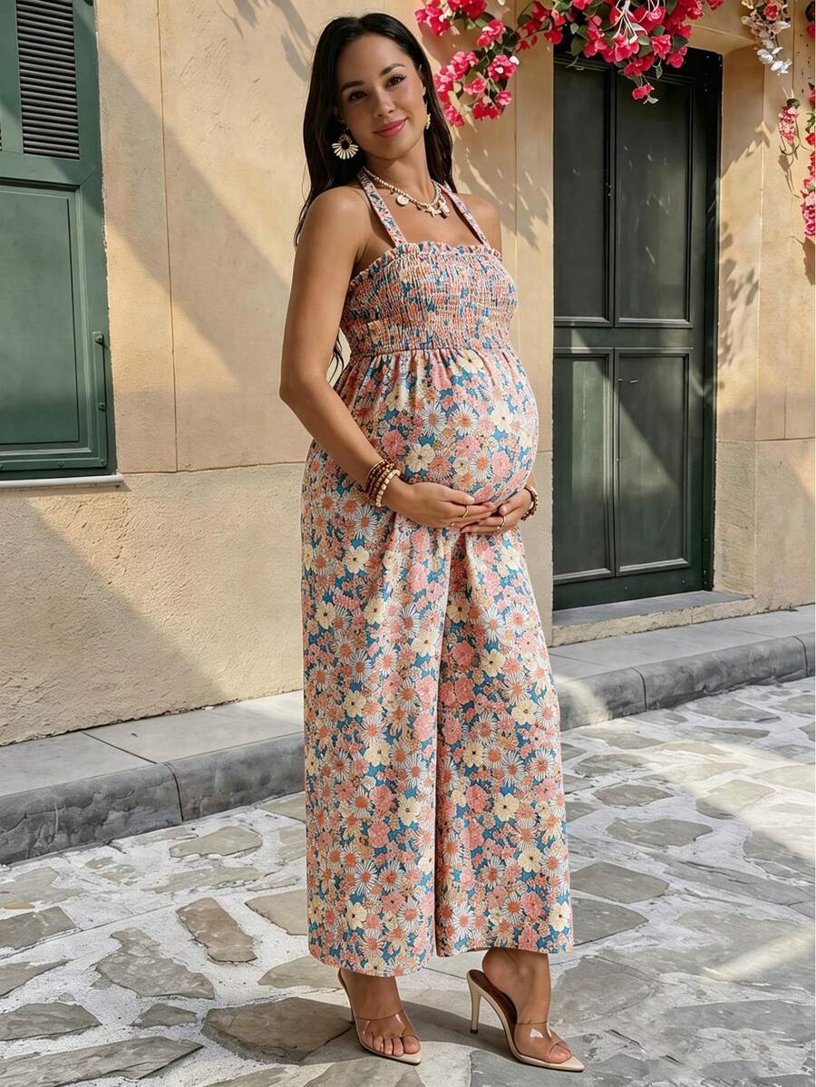 Maternity Ditsy Floral Jumpsuit - Boho Cold Shoulder Square Neck Summer Co-Ord - High Waist Long Beach Maternity Occasion Outfit