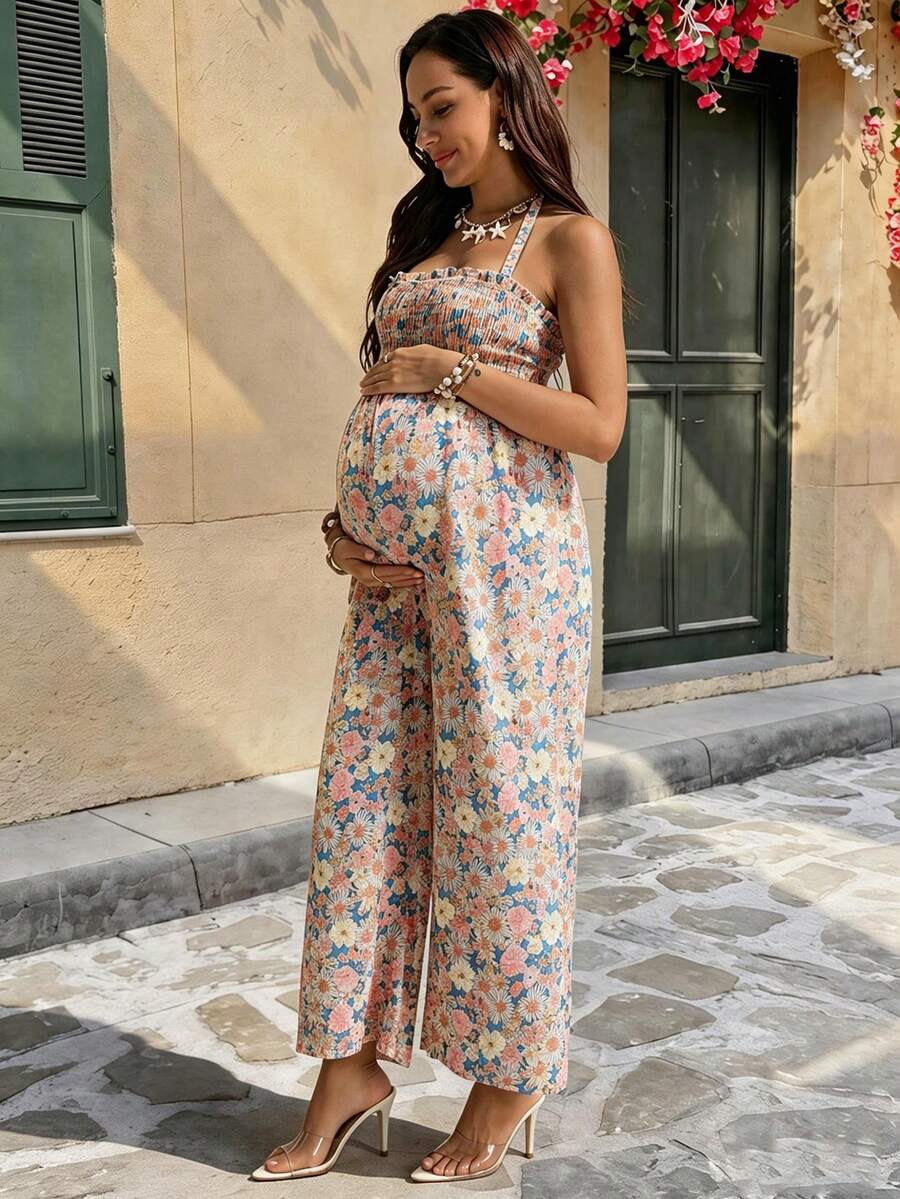 Maternity Ditsy Floral Jumpsuit - Boho Cold Shoulder Square Neck Summer Co-Ord - High Waist Long Beach Maternity Occasion Outfit