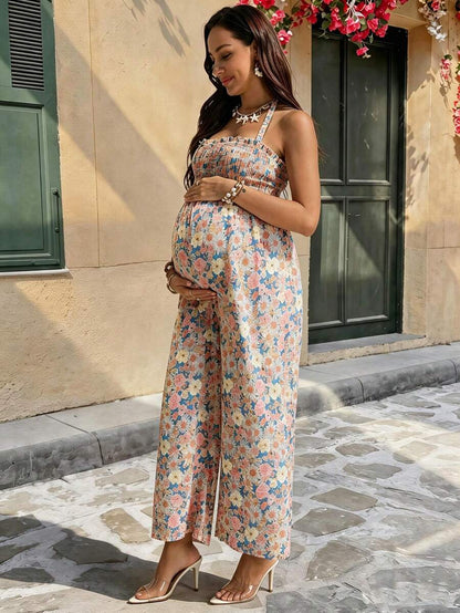 Maternity Ditsy Floral Jumpsuit - Boho Cold Shoulder Square Neck Summer Co-Ord - High Waist Long Beach Maternity Occasion Outfit