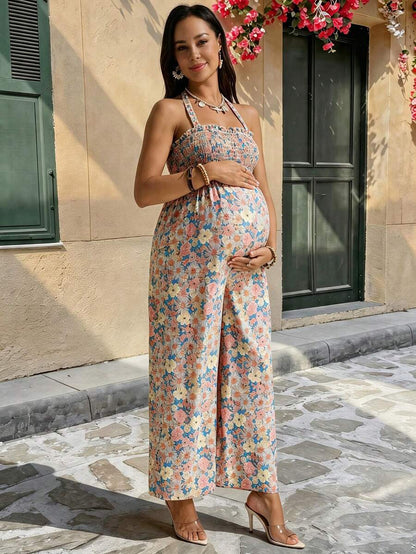 Maternity Ditsy Floral Jumpsuit - Boho Cold Shoulder Square Neck Summer Co-Ord - High Waist Long Beach Maternity Occasion Outfit