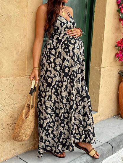 Brown Boho Floral Cold Shoulder Maternity Midi Dress – Deep V-Neck High Waist Cami Beach Dress with Flounce Hem