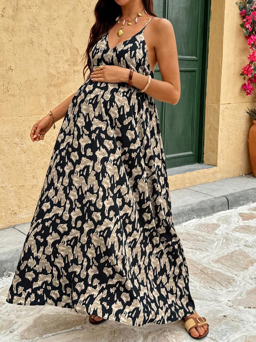 Brown Boho Floral Cold Shoulder Maternity Midi Dress – Deep V-Neck High Waist Cami Beach Dress with Flounce Hem