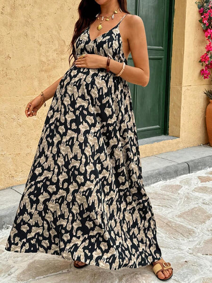 Brown Boho Floral Cold Shoulder Maternity Midi Dress – Deep V-Neck High Waist Cami Beach Dress with Flounce Hem