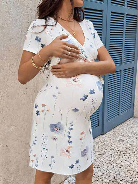 Elegant Floral Wrap Tie Maternity and Nursing Dress White V-Neck Short Sleeve Slim Fit Summer Vacation and Work Mini Dress