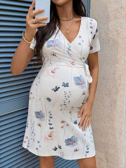 Elegant Floral Wrap Tie Maternity and Nursing Dress White V-Neck Short Sleeve Slim Fit Summer Vacation and Work Mini Dress